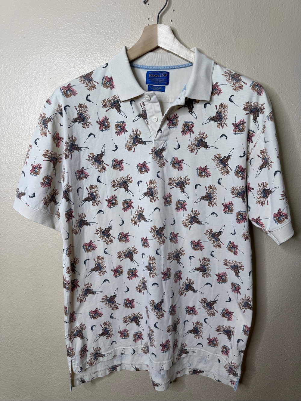 Pendleton Mens L Polo Shirt Cream 100% Cotton Fly Fishing All Over Print
